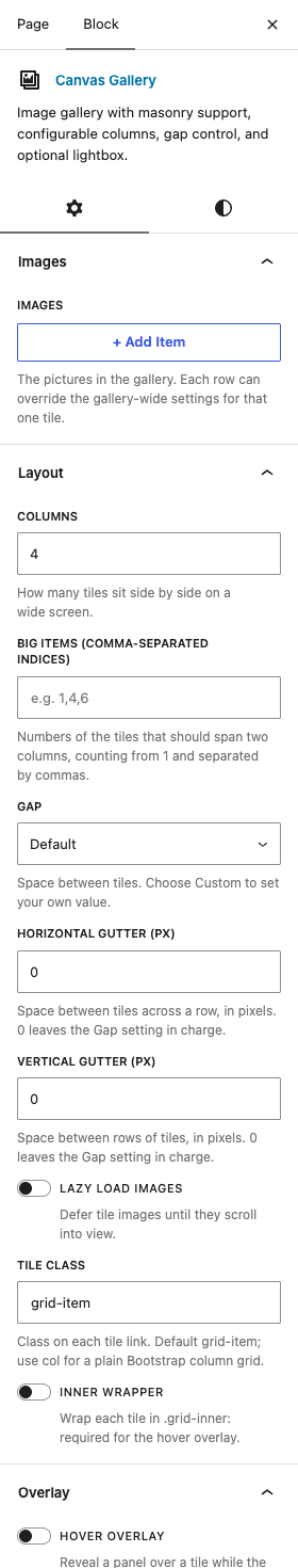 The Galleries settings in the block editor sidebar