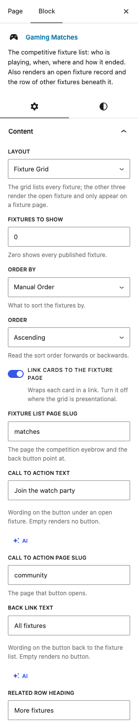 The Gaming Matches settings in the block editor sidebar