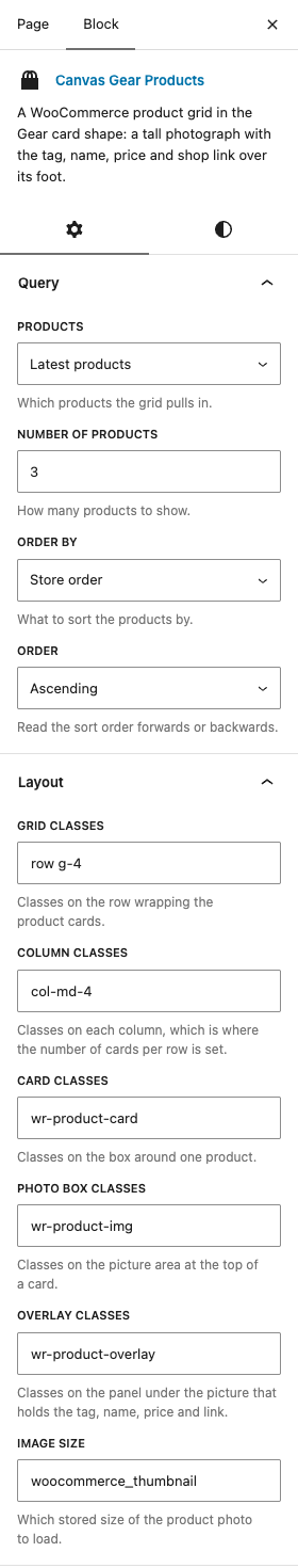 The Gear Products settings in the block editor sidebar