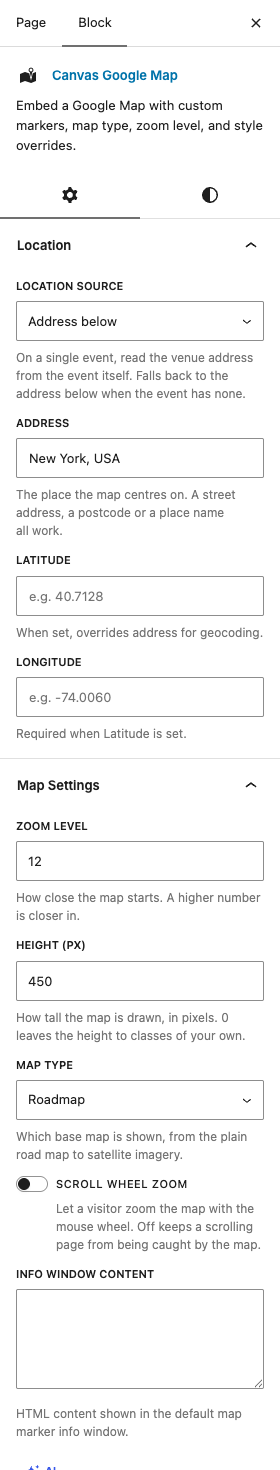 The Google Map settings in the block editor sidebar