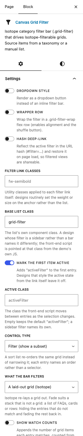 The Grid Filter settings in the block editor sidebar