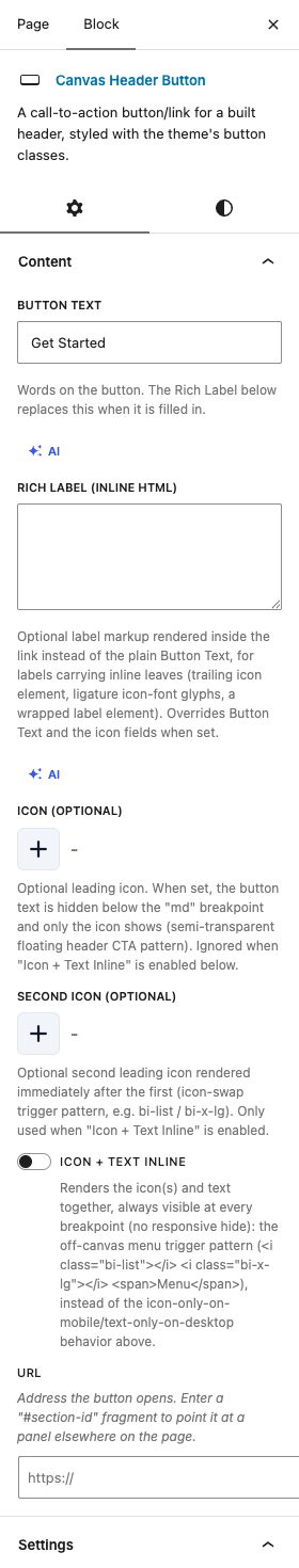 The Header Button settings in the block editor sidebar