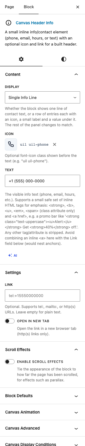 The Header Info settings in the block editor sidebar