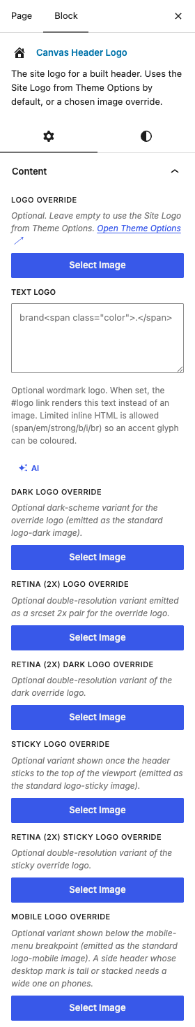 The Header Logo settings in the block editor sidebar