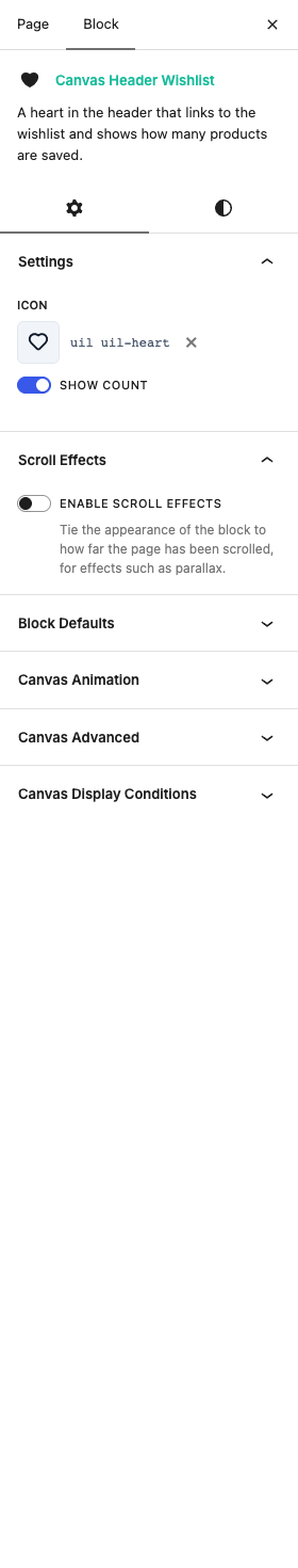 The Header Wishlist settings in the block editor sidebar