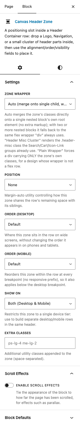 The Header Zone settings in the block editor sidebar