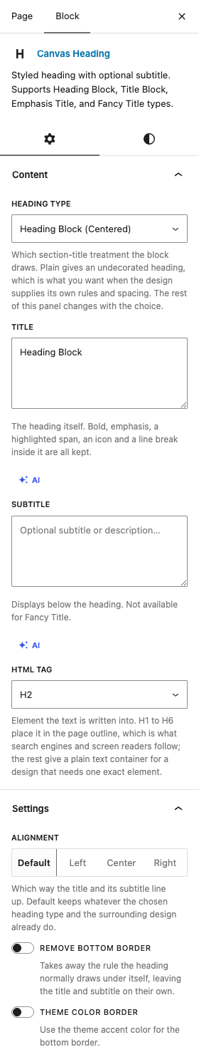 The Headings settings in the block editor sidebar