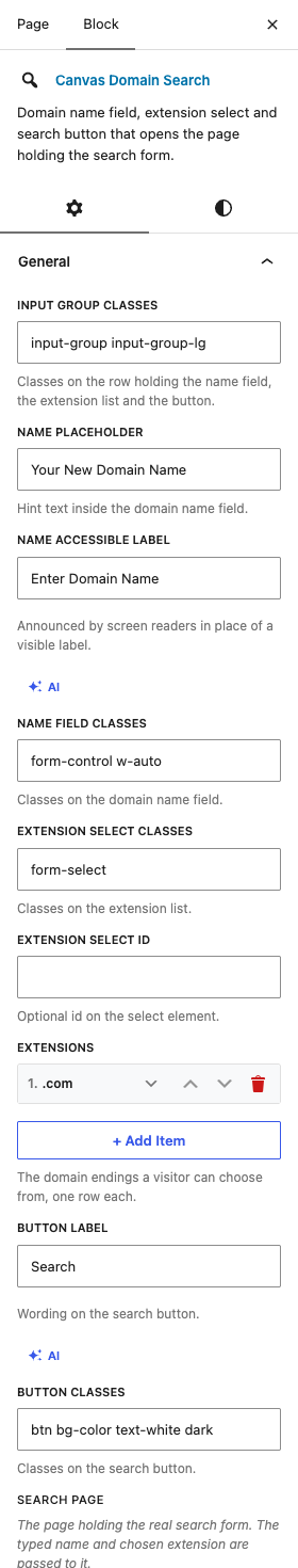 The Domain Search settings in the block editor sidebar