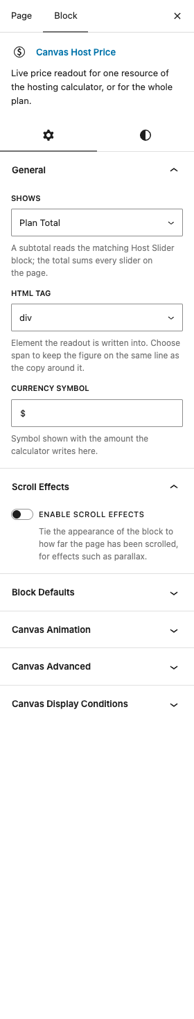 The Host Price settings in the block editor sidebar
