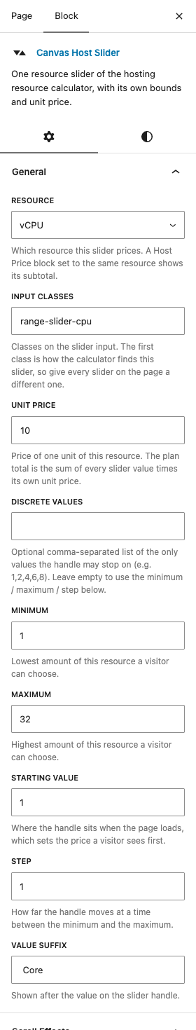 The Host Slider settings in the block editor sidebar