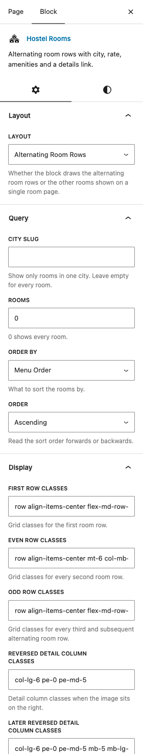 The Hostel Rooms settings in the block editor sidebar