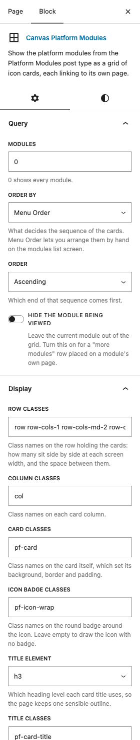 The Platform Modules settings in the block editor sidebar