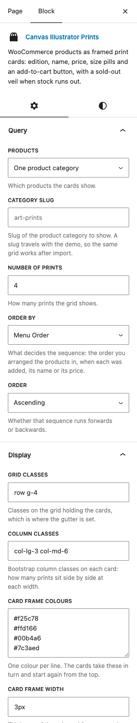 The Illustrator Prints settings in the block editor sidebar