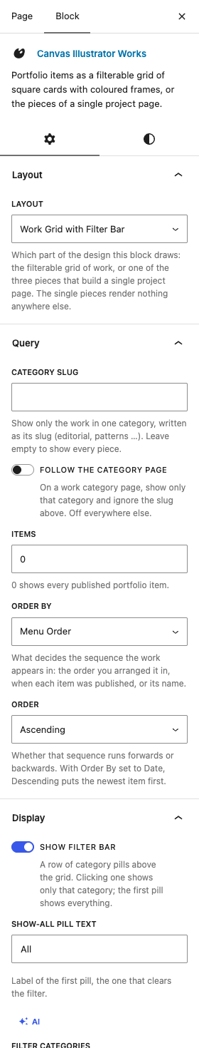 The Illustrator Works settings in the block editor sidebar