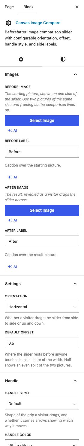The Image Compare settings in the block editor sidebar