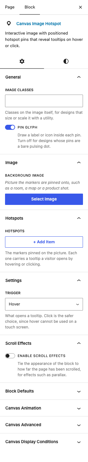 The Image Hotspots settings in the block editor sidebar