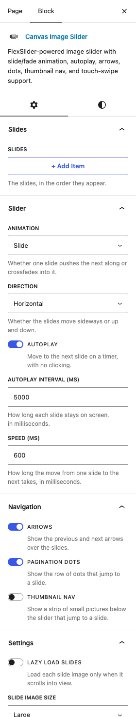 The Image Sliders settings in the block editor sidebar