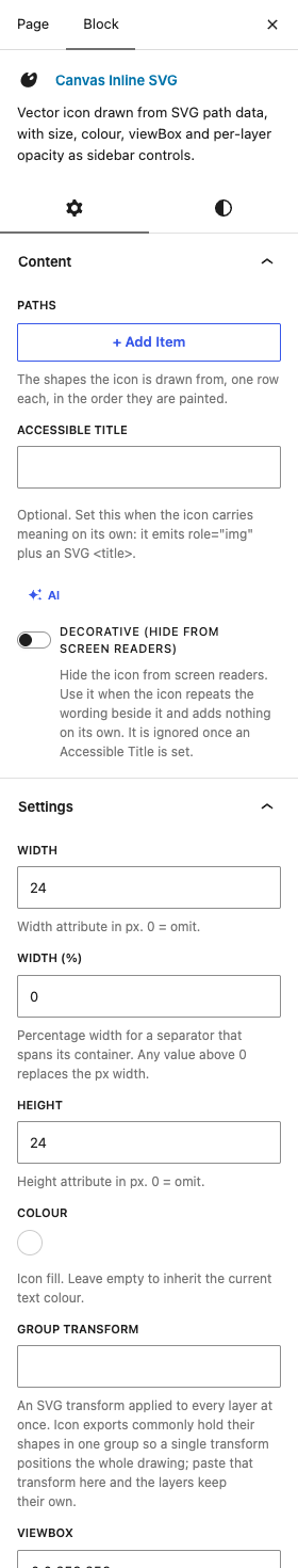The Inline SVG settings in the block editor sidebar
