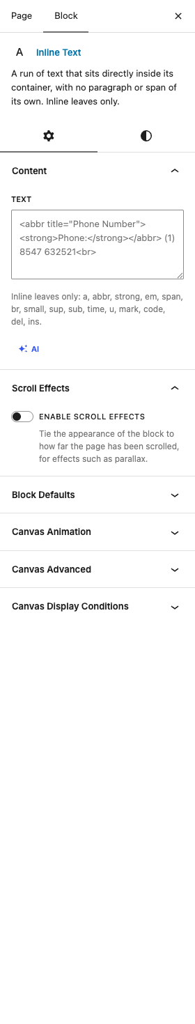 The Inline Text settings in the block editor sidebar