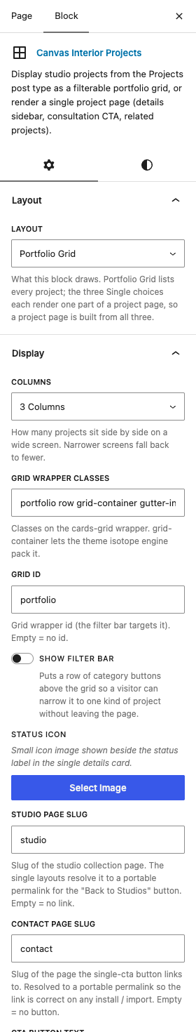 The Interior Projects settings in the block editor sidebar