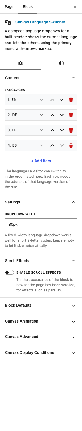 The Language Switcher settings in the block editor sidebar