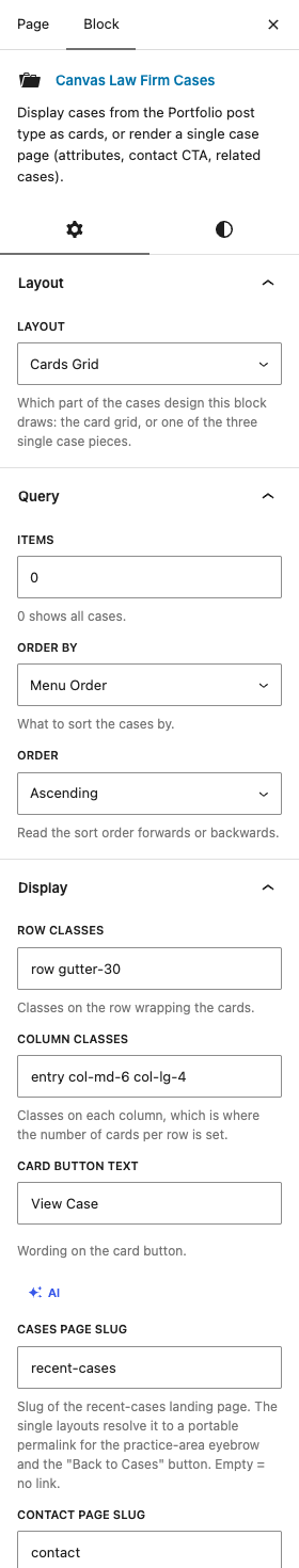 The Law Firm Cases settings in the block editor sidebar
