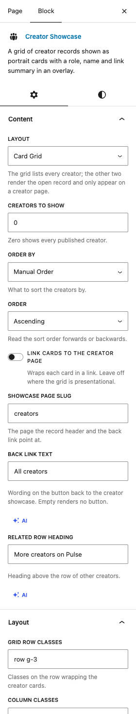 The Creator Showcase settings in the block editor sidebar