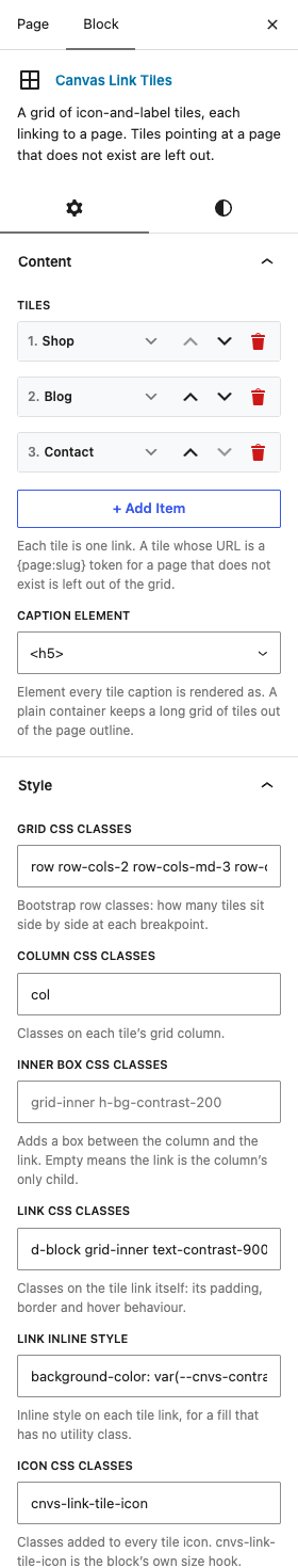 The Link Tiles settings in the block editor sidebar