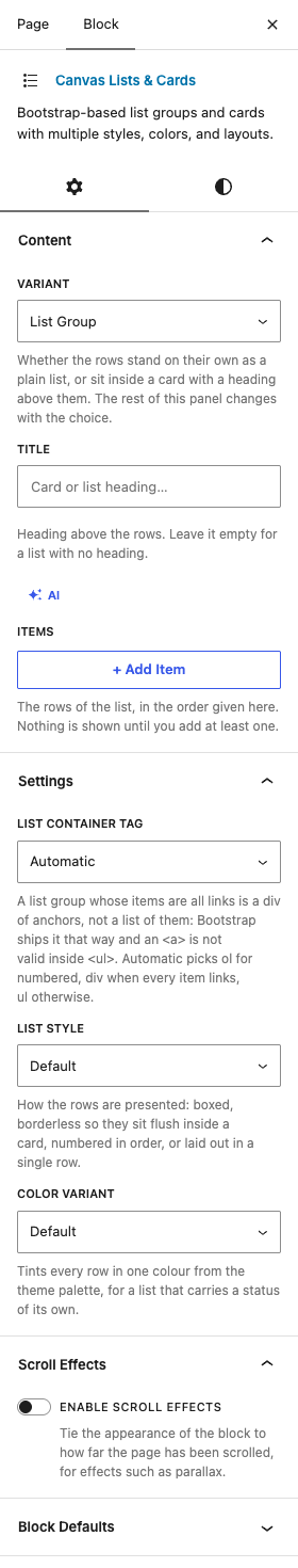 The Lists & Cards settings in the block editor sidebar