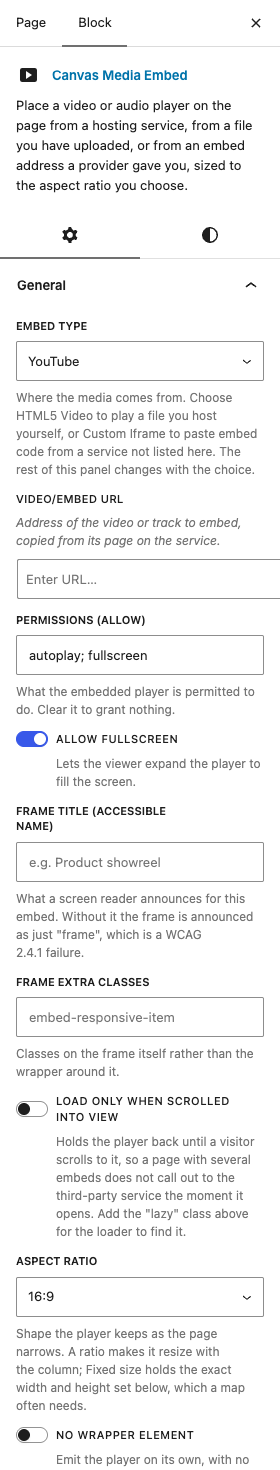 The Media Embed settings in the block editor sidebar