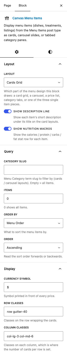 The Menu Items settings in the block editor sidebar