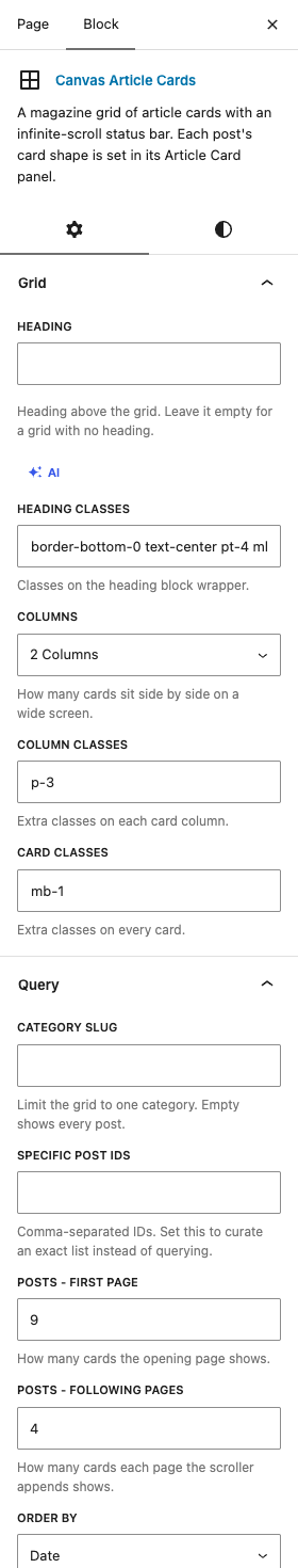 The Article Cards settings in the block editor sidebar