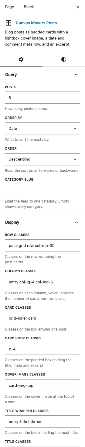 The Movers Posts settings in the block editor sidebar