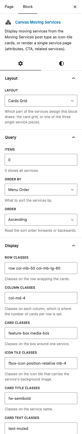 The Moving Services settings in the block editor sidebar