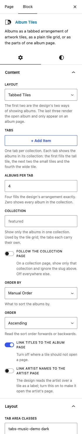 The Album Tiles settings in the block editor sidebar