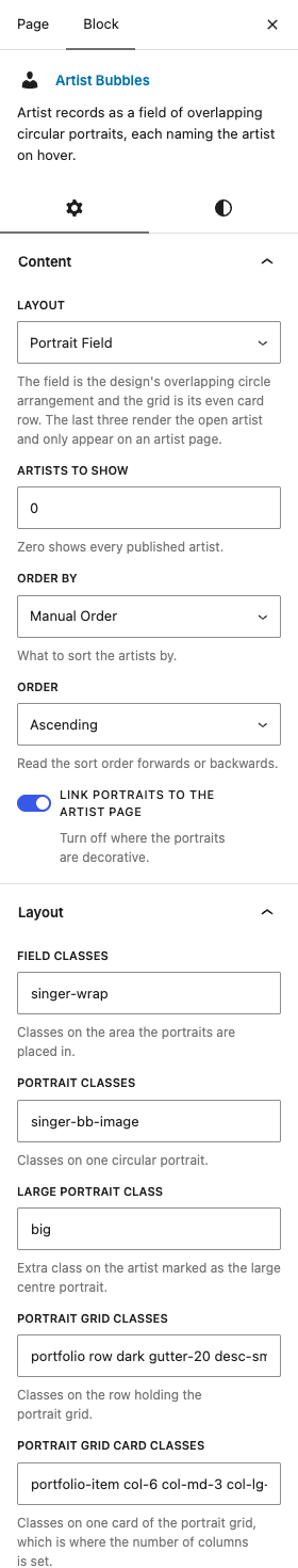 The Artist Bubbles settings in the block editor sidebar