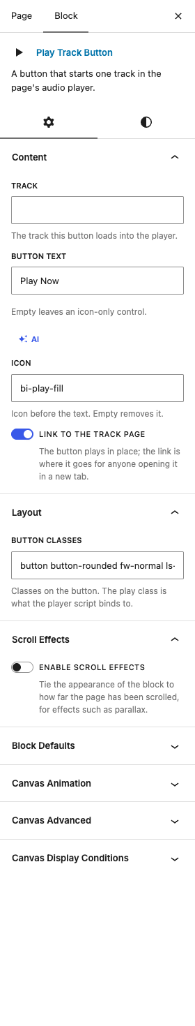 The Play Track Button settings in the block editor sidebar