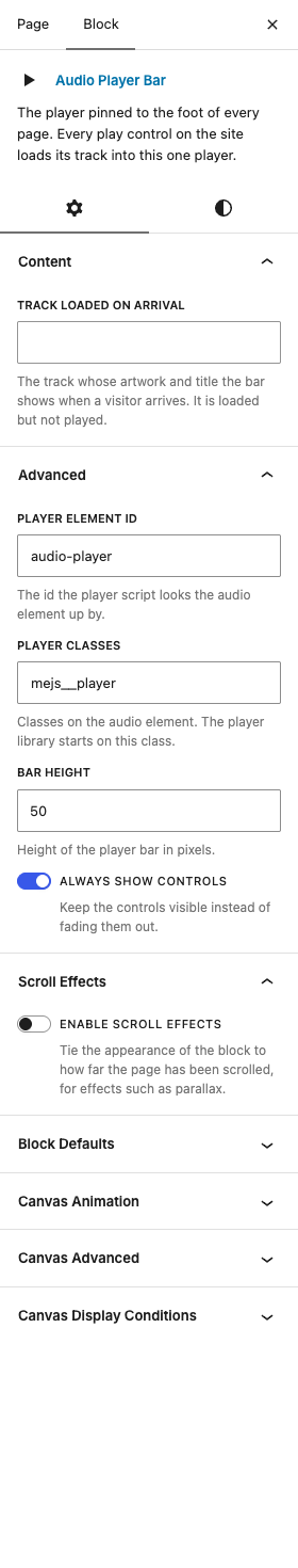 The Audio Player Bar settings in the block editor sidebar