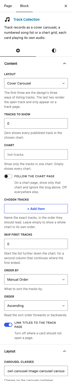 The Track Collection settings in the block editor sidebar