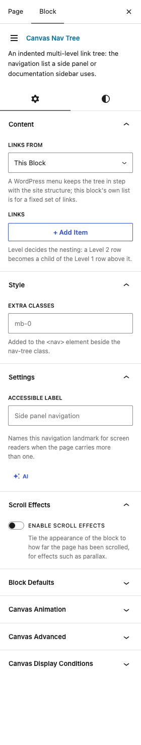 The Nav Tree settings in the block editor sidebar