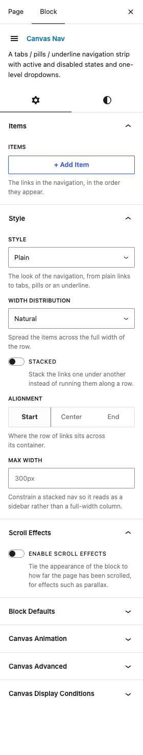 The Nav settings in the block editor sidebar