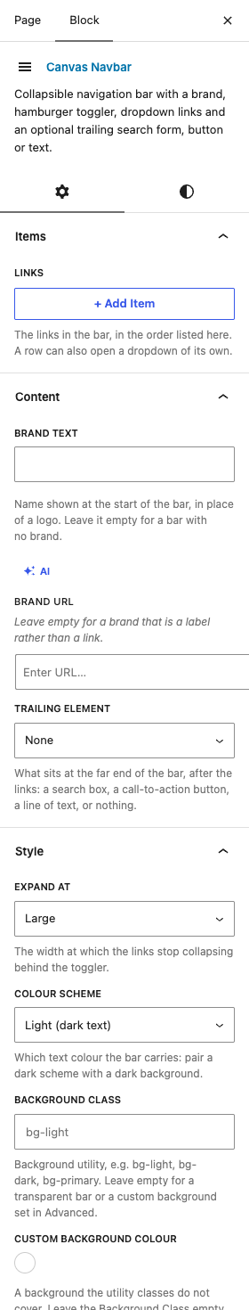 The Navbar settings in the block editor sidebar