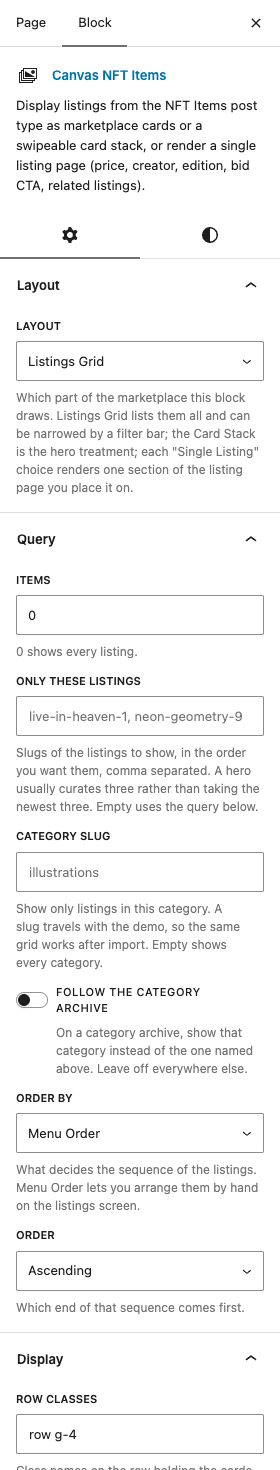The NFT Items settings in the block editor sidebar