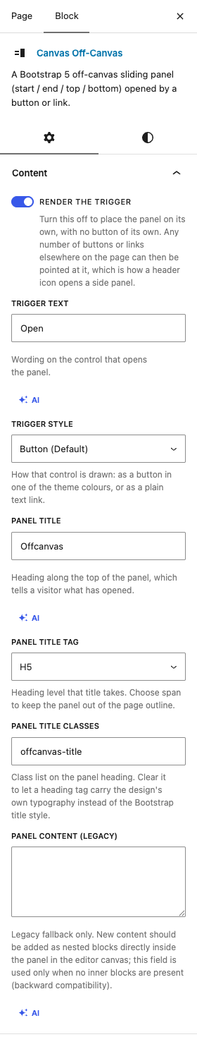 The Off-Canvas settings in the block editor sidebar
