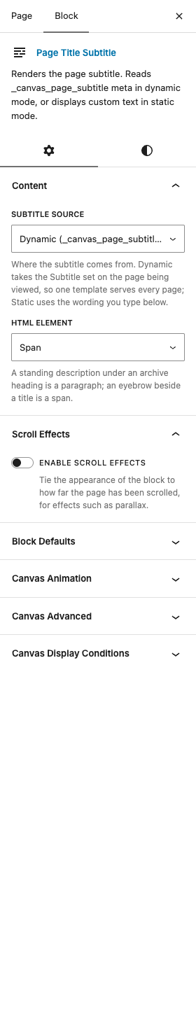 The Page Title Subtitle settings in the block editor sidebar