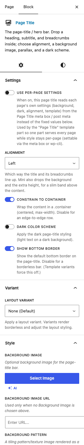 The Page Title settings in the block editor sidebar