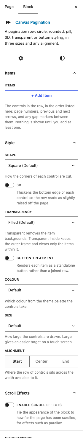 The Pagination settings in the block editor sidebar