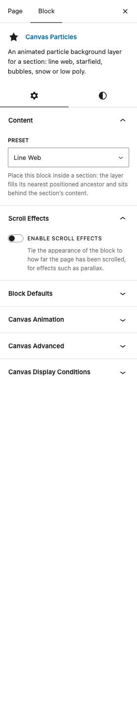 The Particles settings in the block editor sidebar