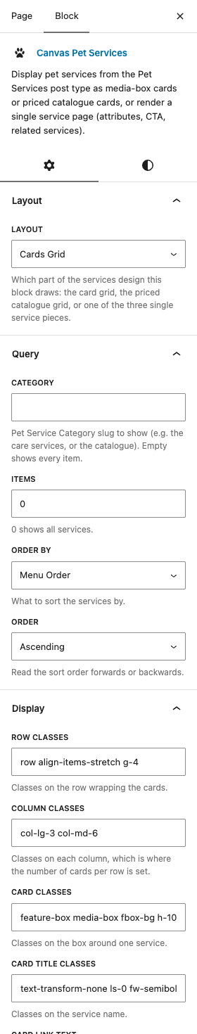 The Pet Services settings in the block editor sidebar