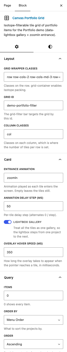 The Portfolio Grid settings in the block editor sidebar
